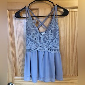 Lace Overlay Spaghetti Strap Top - Light Blue